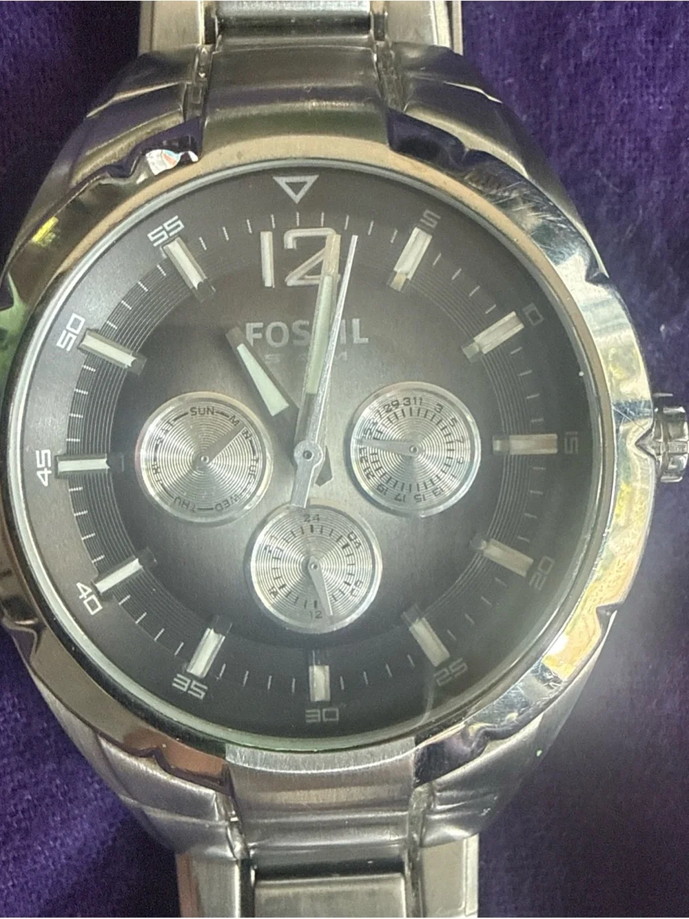Fossil Silver-Tone Watch with Black Dial and Subdials
